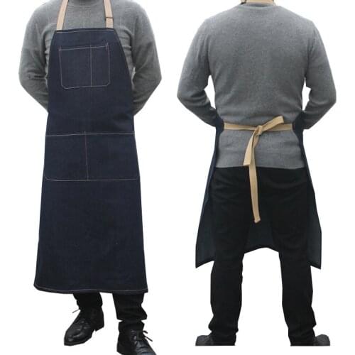 Korean Cotton Denim Apron Thickened Long Carpentry Work Clothes Hanging Neck Wear-resistant Pinafore Men Women Smock Chef Apron