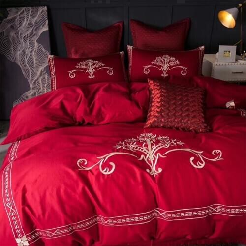 Beautiful Red Flower Egyptian Cotton Embroidery Luxury Royal Bedding Set King Queen Bed Sheet set Duvet cover Pillowcase 4/6pcs