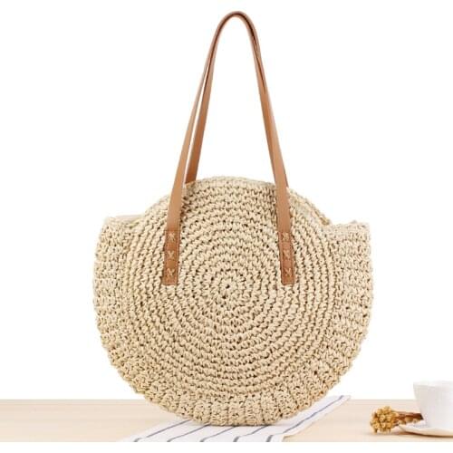 Summer Vacation Casual Bags Round Straw Beach Bag Vintage Handmade Woven Shoulder Bag Raffia Circle Rattan Bags Bohemian
