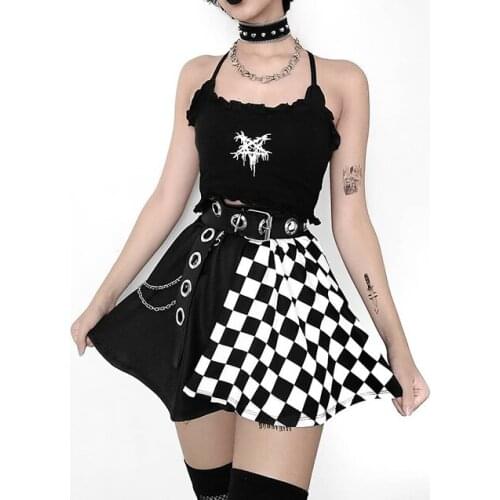 Punk Skirt Gothic Plaid A Line Mini Skirts Harajuku Streetwear Sexy Patchwork Skirt E Girl Y2K Club Wear Black Skirt