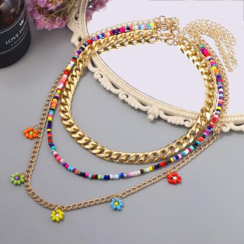 3 Pcs/Set Colorful Flower Beaded Necklace For Women Handmade Acrylic Rice Bead Strand Cuban Chunky Chain Necklaces Party Jewelry