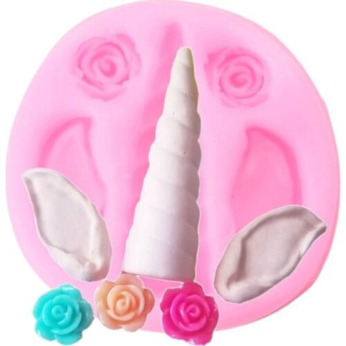 Cartoon Unicorn Horn Ears Silicone Mold Rose Flower Chocolate Making Mould Resin Clay Candy Molds Fondant Cake Decorating Tools