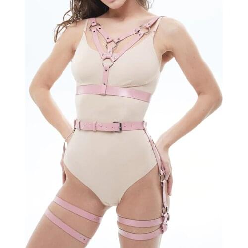 Pink Leather Harness Cage Set Hollow Vest Neck to Waist Sexy Lingerie Harajuku Garters Belt Goth Adjust Body Bondage Suspenders