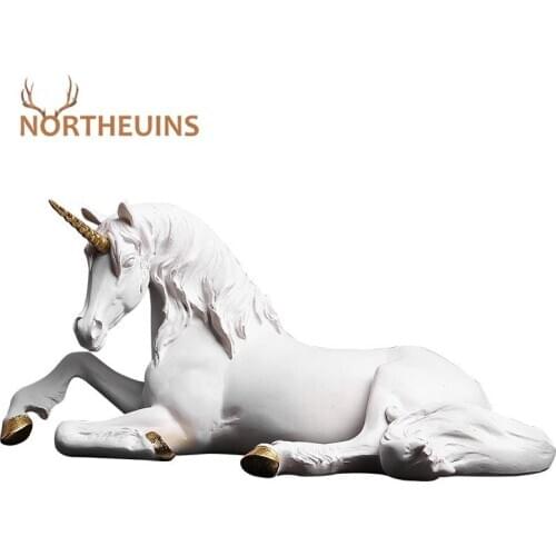 NORTHEUINS Resin Unicorn Horse Statues Nordic Animal Miniature Figurines For Home Decor Decoration Accessories for Living Room