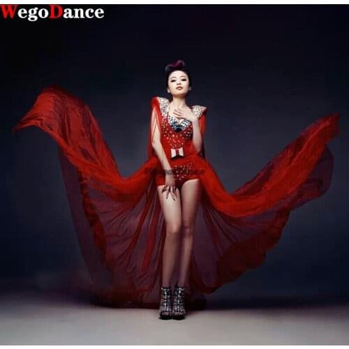 New Women Singer Costume Red Big Rhinestones Tassel Bodysuit Bra Birthday DJ Show Nightclub Evening Clothing