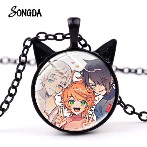 The Promised Neverland Theme Necklace Anime Art Photo Cat Ear Pendant Necklace Round Glass Dome For Kids Birthday Gifts