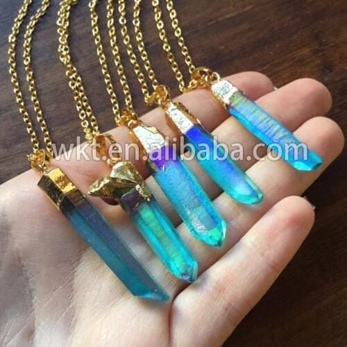 Wholesale Fashion colorful raw crystal quartz point Aura necklace, green apple Aqure titanium quartz necklace