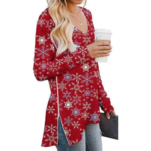 2021 Autumn and Winter New Printed Womens V-neck Double-sided Zipper Loose Long-sleeved Womens T-shirt Blouse