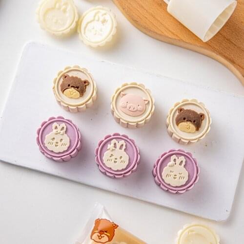 Plastic Mooncake Mould 50g Round Side Animal Shape Mooncake Mold with 6 Stamps for Mid-Autumn