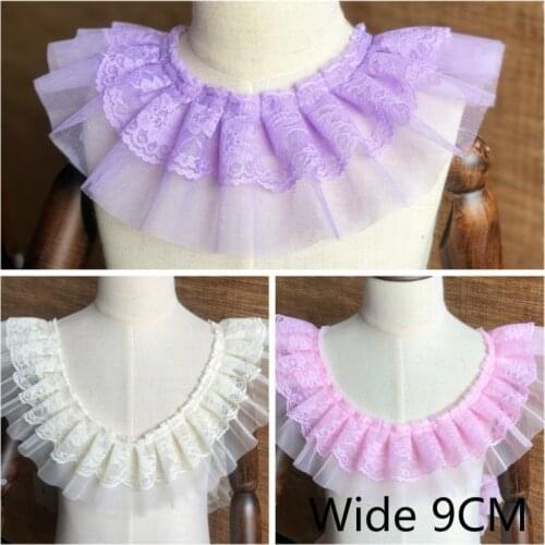 9CM Wide Luxury Tulle 3D Flowers Embroidery Pleated Chiffon Lace Applique Dress Collar For Garment Sewing Tassel Fringe Decor