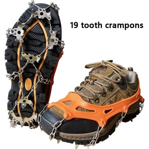 Crampons Traction Cleats 19 Spikes Stainless Steel Anti-Slip Grips Ice Snow Shoes Boots Walking Climbing Fishing Hiking Winter