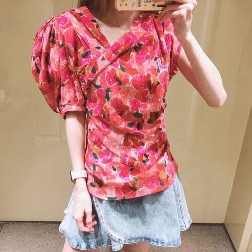 Ladies Fashion V-neck Irregular Wrap Style Floral Printed Puff Sleeve Pleated Shirt Top