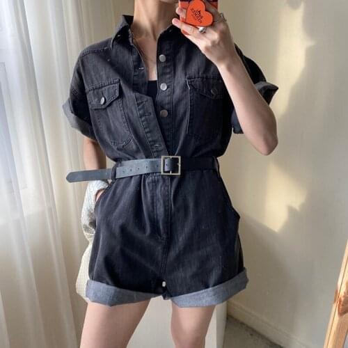 Korean Chic One-Piece Jeans Jumpsuits with Belt Short Sleeve High Waist Short Overalls Female Button Up Denim Romper Playsuits