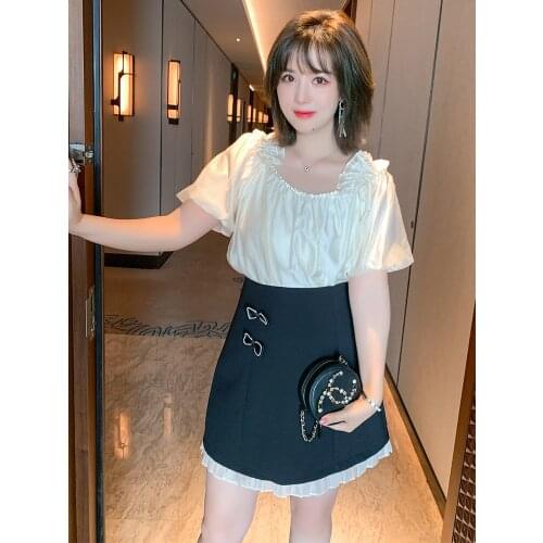 Lantern Sleeve Top with diamond+Contrast lace A-Line Half skirt suit womens new summer style