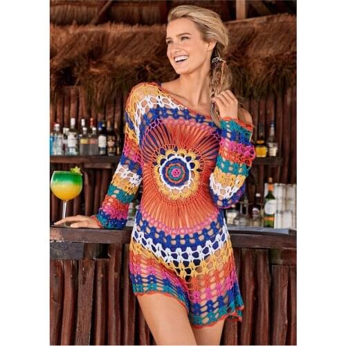 Happie Queens women rainbow colors long sleeve beach loose hollow out Bohemian mini dress Ladies o-neck Boho sundress vestidos