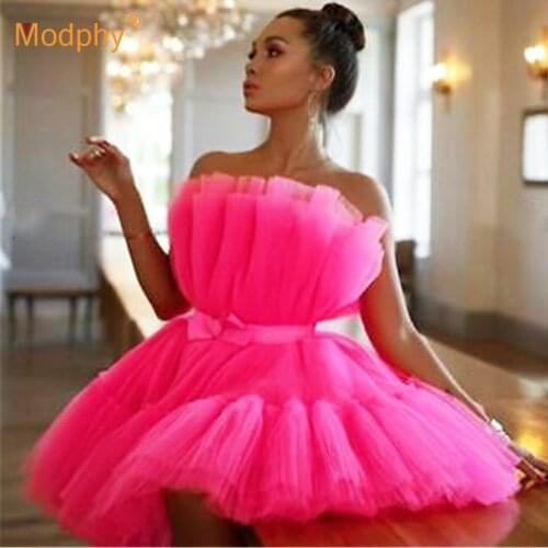 Fashion Sweet Pink Mini Dress Women Sexy Lace Strapless High Waist Bow Evening Party Runway Dress Female 2020 Fashion New