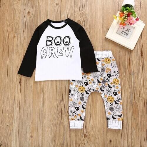 2020 Halloween Fashion Baby Boy Girl Clothes Sets Long Sleeve Boo Crew Tops Tshirt + Pumpkin Pants 2PCS Infant Baby Outfits