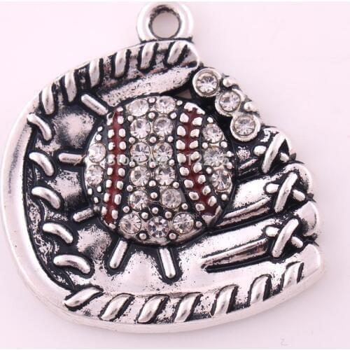 20pcs a lot Antique silver plated zinc studded with sparkling crystals Baseball or Softball Ball and Glove Crystal Pendant