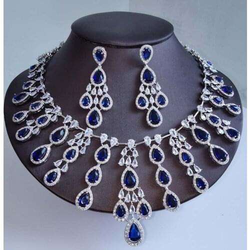 2021 new fashion luxury RED BLUE GREEN CZ zircon necklace earring set,wedding bridel dinner banquet dress jewelry free shipping