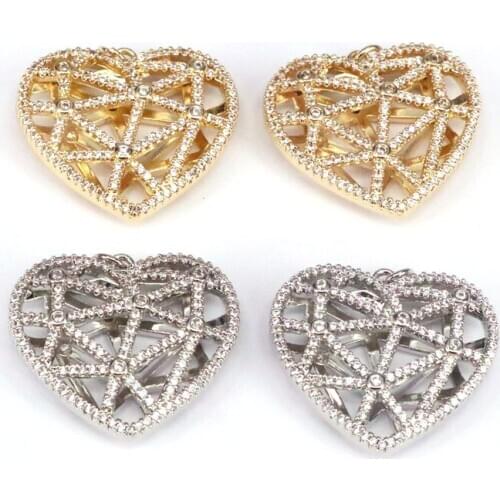 5Pcs, CZ Micro Pave Fashion 3D Heart Charms Pendants Gold Color Crystal Pendants Jewelry for Necklace