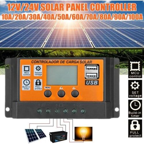 10A/20A/30A/40A/50A/100A Auto Solar Charge Controller LCD Dual USB Solar Panel Regulator Dual USB Voltage Charger 12V24V Power