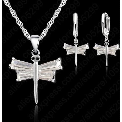 Free Shipping Fashion Dragonfly Jewelry Set 925 Sterling Silver Necklace Pendant Earrings Free Shipping Valentines Gifts