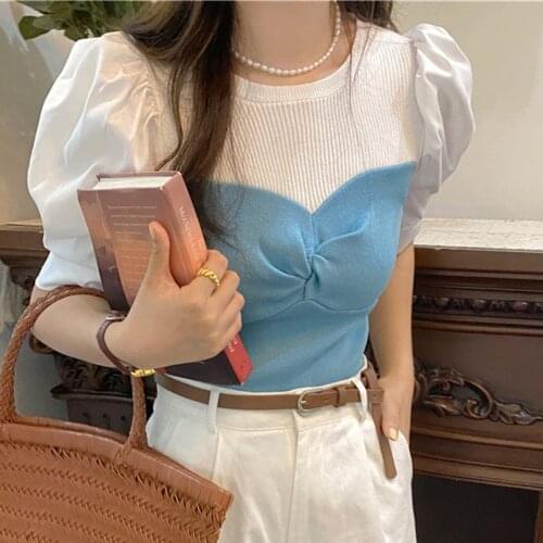 Alien Kitty French Slim Sexy Girls Knitted Patchwork Bottom Shirts Chic 2021 OL New Fashion Femme Sweet All Match Summer Blouses