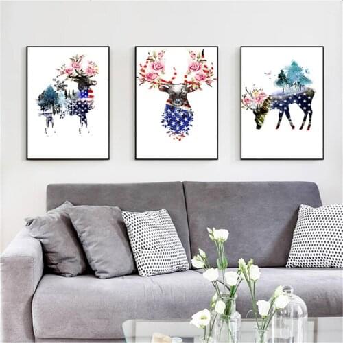Flower Animal USA Flag Banner Deer Zebra Giraffe Canvas Painting Nordic Posters and Print Wall Pictures for Living Home Decor