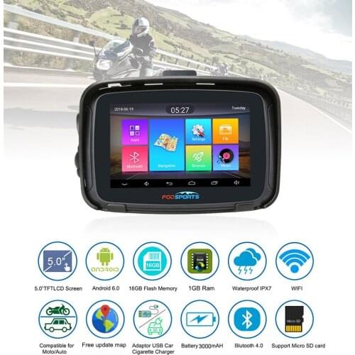 Fodsports 5'' Android 6.0 Motorcycle GPS Navigation IPX7 Waterproof 1GRAM+16G ROM Bluetooth GPS Navigator for Car Moto Free Map