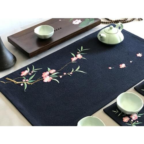 Cotton and linen handmade Zen embroidery tea mat Chinese tea ceremony hand-painted Kung Fu linen tea mat tea curtain