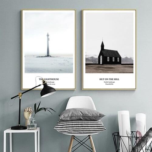 Nordic Black White House tower ocean wall art Canvas Painting Prints nature Landscape Posters for Living Room Morden Home Decor