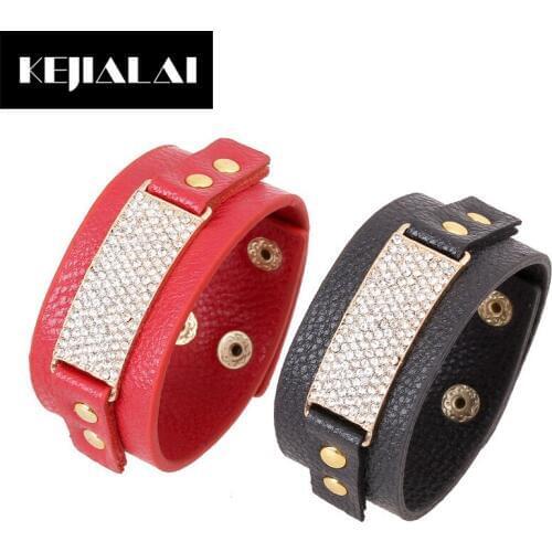 KEJIALAI Punk Style Leather Bangle Bracelet New Original Design Shining Rhinestone Charm Lovers Bangle Jewelry Best Gift