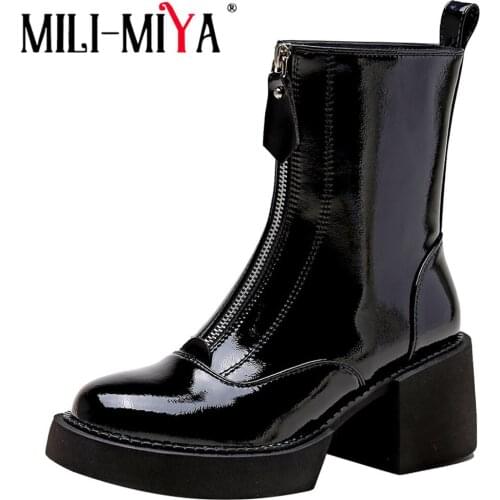 MILI-MIYA Patent Leather Thick Heels Motorcycle Ankle Boots Women Autumn Fashion Round Toe Zipper Comfortable Ladies Dress Shoes