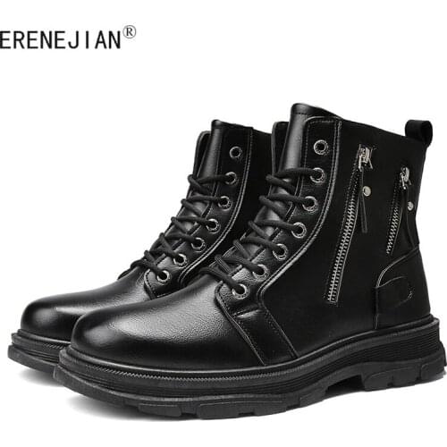 ERENEJIAN Men Fashion Leather Martin Boots Personality Trendy Motorcycle Biker Ankle Boots High Top Shoes For Male Botas Hombre