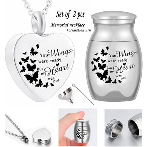 Set of 2 Heart Shaped Stainless Steel Butterfly Necklace Women Pendant Memorial Ash Holder Cremation Urn Jewelry Gift Velvet Bag