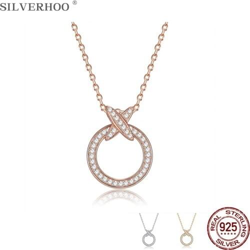 SILVERHOO 925 Sterling Silver Cubic Zirconia Necklace Womens Fine Jewelry Anniversary Gift Round Design Pop Fashion Pendant