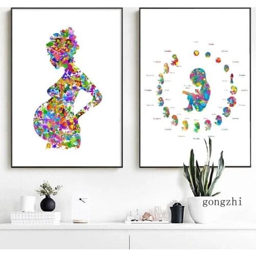 Embryo Development Pregnant Woman Watercolor Poster Mom Baby Canvas Painting and Prints Wall Art Picture Decor Obstetrician Gift