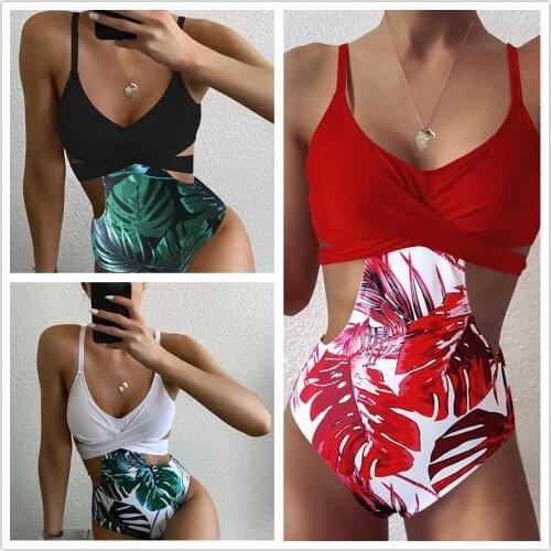 Sexy Push Up One Piece Swimsuit High Waist Bathing Suit Women Swimwear Leaf Print Bodysuit Bandage Cut Out Monokini Swim Suit