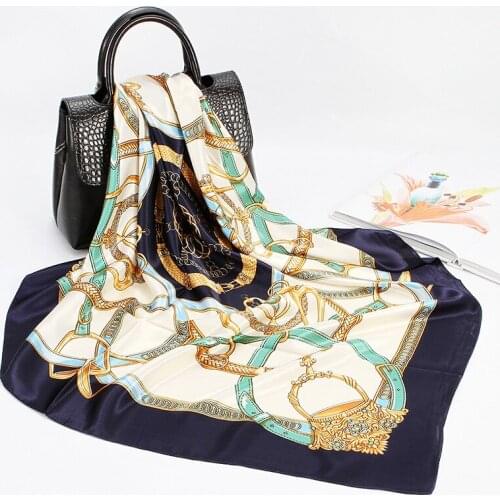 New Luxury Brand Twill Silk Large Scarf Women Fashion Belt Pattern Satin Square Scarve ladys Design Handkerchief 90x90cm Bandana