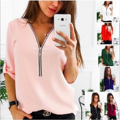 Sofu Women Zipper Long Sleeve Shirt Sexy V-Neck Solid Women Tops Blouses Casual Tee Shirts Tops Female Clothes Plus Size
