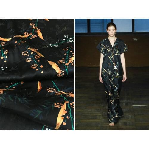 New 22mm heavy silk cloth floral branches spray painted bamboo leaves jacquard elastic satin silk cheongsam clothing silk fabric