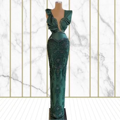 Dubai Green Beaded Lace Prom Dress Sleeveless Floor Length Mermaid Evening Gowns Custom Made платье знаменитости