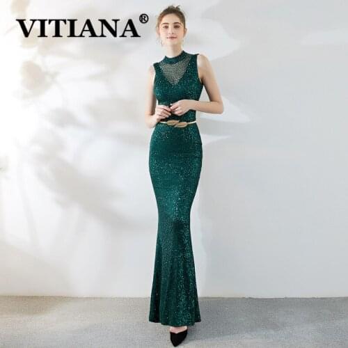 VITIANA Women Noble Banquet Dress Female Sequined Trumpet Elegant Party Dresses Femme Sleeveless Green Mesh Sexy Long Vestidos