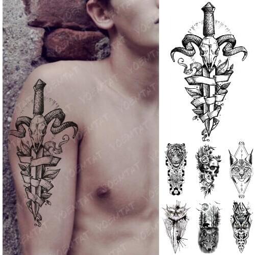 Waterproof Temporary Tattoo Sticker Goat sword Skull Flash Tattoos Lucifer Owl Wolf Demon Body Art Arm Fake Tatoo Women Men