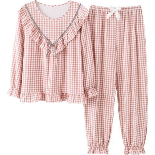 Women Long Sleeve Sweet Plaid Print Sleepwear Suit Spring Autumn Pajamas Set Young Girl Nightgown Casual Homewear Pijamas Mujer