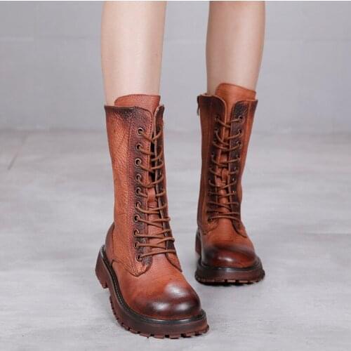 Original Retro Lace up Zipper Boots Mid-Calf Long Boots Genuine Leather Round Toe Fashion Boots Non-slip Black Boots Shoes Woman