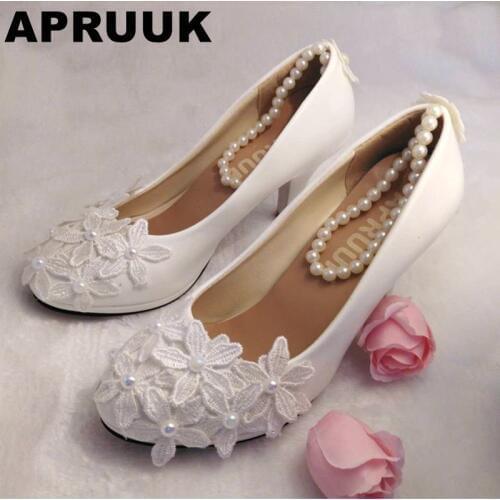 Women wedding shoes white lace bridal party pumps female ladies beading anklet sweet proms dress shoes