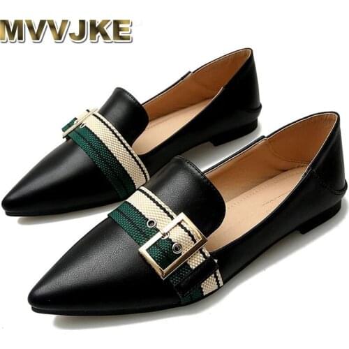MVVJKE Pointed Toe Flats Womens Metal Buckle Single Shoes Cloth Belt Ballerina Loafers Slip On Lady Office Shoes Dress Leather