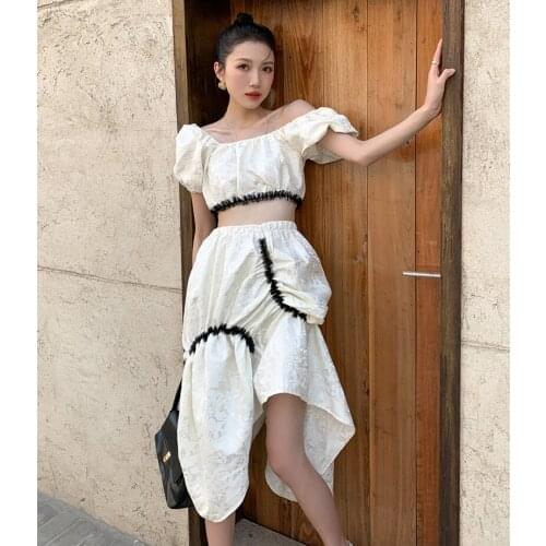 Fashion Korean Women Puff Sleeve Jacquard short Tops + Casual Asymmetrical Drawstring Skirt Suit Two Piece Set