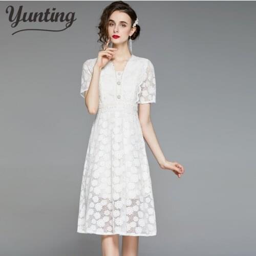 Floral Embroidery Hollow Out Lace Dress Women V-neck Short Sleeve Single-Breasted Dress